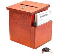 Buzón de sugerencias de madera con cerradura y llaves, urna marrón con 50 tarjetas de sugerencias en blanco, tapa de bloqueo y ranura lateral para donaciones, comentarios, comentarios (7.5 x 7.1 x 5.5