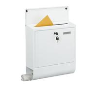 Buzón Relaxdays con Nombre, 4 Llaves, Compartimento para periódicos, 41,5 x 37,5 x 14 cm, Metal, Blanco