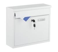 Buzón Relaxdays con Nombre, (Alto x Ancho x Fondo): 31 x 36 x 12 cm, Hierro, 4 Llaves, buzón Horizontal, Blanco