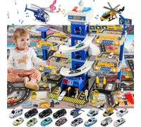BuzzoXerex 5 Plantas Garaje Coches para Niños, Parking Molto con 14 Coches y 2 Helicóptero, Parking Juguete con Pista de Coches y Ascensor, Educativos Regalos para Niños 5 6 7 8 9 Años (Policía)