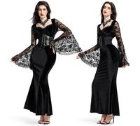 BuzzoXerex Disfraz Morticia Addams Mujer, Vestido Medieval Mujer con Corse Negro, Collar, Encaje Mangas de Trompeta, Terciopelo Disfraz Halloween Vestido Gotico Victoriano para Halloween, Cosplay (S)