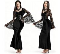 BuzzoXerex Disfraz Morticia Addams Mujer, Vestido Medieval Mujer con Corse Negro, Collar, Encaje Mangas de Trompeta, Terciopelo Disfraz Halloween Vestido Gotico Victoriano para Halloween, Cosplay (L)
