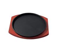 Bvdfgk Bandeja de Horno Hierro Fundido para Barbacoa Redonda, Plato Cocinar a la Parrilla en Casa, Incluye Base Madera Filetes Madera Sartén Redonda Individual Asar para Uso Doméstico La Cocina 23CM