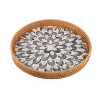 Bvdfgk Bandeja redonda de ratán para servir, bandeja redonda de ratán con nácar, cesta de mimbre decorativa con base de madera para almacenar, mostrar café, pan, alimentos, frutas, 13.78 pulgadas