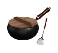 Bvdfgk Wok de Hierro con Tapa de Madera, Diseño Profundo, para El Hogar, Cocina, Olla de Fondo Plano, Freidora para Freír Verduras, 26cm