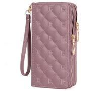 BVEOGMRO Cartera larga de piel con bloqueo RFID para mujer, doble cremallera alrededor del tarjetero con correa para la muñeca, A03 rosa claro, 7.6 x 3.9 x 1.5 inches