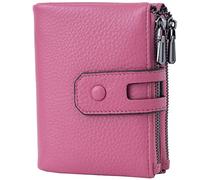 Bveyzi Cartera pequeña de Cuero Suave para Mujer, Bloqueo RFID, Tarjetero con Doble Bolsillo con Cremallera, Rosa Oscuro, S