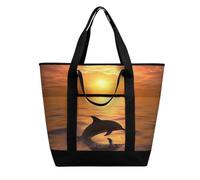 BVKWNTSA Bolsa de la compra aislada con estampado de delfines y atardeceres de gran capacidad, material de tela Oxford impermeable, adecuada para compras, picnics y otros escenarios
