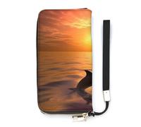 BVKWNTSA Cartera de piel con estampado de delfines y atardecer de gran capacidad, vertical, diseño interno de múltiples compartimentos, satisface tus diversas necesidades de viaje