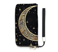 BVKWNTSA Cartera de piel estampada vertical con diseño de luna creciente de gran capacidad sobre fondo negro, diseño interno de múltiples compartimentos, satisface tus diversas necesidades de viaje