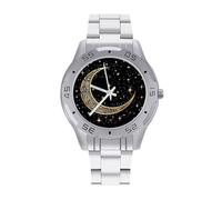 BVKWNTSA Elegante Reloj de Pulsera analógico de Cuarzo, con Correa de Acero, diseño de Luna Creciente sobre Fondo Negro, Elegante Reloj de Pulsera analógico de Cuarzo, Ligero y cómodo