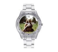 BVKWNTSA Elegante Reloj de Pulsera analógico de Cuarzo, con Correa de Acero Hi Bear Sit on The Lawn para Hombre, Elegante Reloj de Pulsera analógico de Cuarzo, Ligero y cómodo