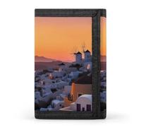 BVKWNTSA Elegante y duradera cartera de tres pliegues con estampado de paisaje de la isla de Grecia, ranuras para múltiples tarjetas, gran capacidad y portátil, Paisaje del atardecer de la isla de Gre