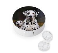 BVKWNTSA La funda redonda portátil para lentes de contacto con estampado de perro dálmata es elegante y compacta, fácil de transportar y protege las lentes.
