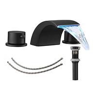 BWE Grifo de baño generalizado negro mate con montaje de drenaje con desbordamiento y línea de suministro LED cascada de 8 pulgadas, 2 asas, 3 agujeros, grifo mezclador para lavabo de baño