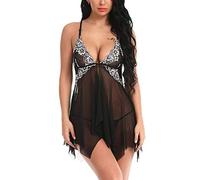 Bwer Lencería Sexy para Mujer Vestido de lencería de Encaje Tallas Grandes Sexo exótico Erótico Babydoll Ropa de Dormir Disfraz Pijamas, Negro, XXXL