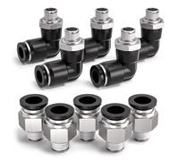 Bwintech 10 piezas de tubo de 10 mm a rosca macho BSP de 1/8" recto y codo de 90 grados Push in Connect Racor neumático,PL10-01/PC10-01 Adaptador rápido para línea de aire