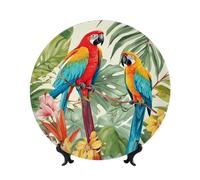 BWLHJKE Plato decorativo de porcelana con diseño de plantas tropicales y loros con imagen, platos de cena de porcelana personalizados con soporte de exhibición, placa decorativa de cerámica para
