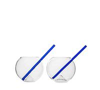 BY ON Juego de vasos Magaluf, 2 piezas, juego de vasos de agua, juego de vasos de zumo, juego de cócteles, incluye pajita azul de cristal, apto para lavavajillas