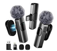 BYbrutek Micrófono Lavalier inalámbrico 3 en 1 mejorado con un clip de cuello ajustable y adaptador, para iPhone/Android/computadora, mini micrófono para grabación de vídeo/podcasts, chip integrado