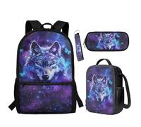 BYCHECAR Juego de 4 en 1 de bolsa para la escuela para niños, lonchera y lápices, llavero, Galaxia lobo, Talla única, Mochila para niños