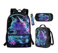 BYCHECAR Mochila para la escuela 2025, lonchera moderna, estuche para lápices, llavero para el aula, lobo, Talla única, Mochila para niños