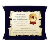 ByClay Laboratory Regalo de 90 cumpleaños - Noble placa de honor en estuche azul - Certificado decorativo con medalla de los 90 - Regalo de cumpleaños para hombres y mujeres - Elegante idea de regalo
