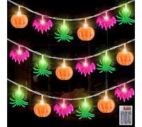 Byffoer Guirnalda de luces de Halloween, 3 m, 20 luces LED con calabazas naranjas, murciélagos morados, arañas y fantasmas blancos para decoración de Halloween