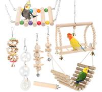 Byffor - Juguete de madera para periquitos, 8 piezas de madera natural, columpio colgante con campanas para todos los loros y pájaros