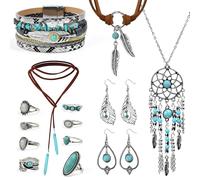 Byfoyif 14 PCS Joyas Turquesas Bohemias para Mujer, Icluye 3 Collares de Bohemio, 2 Pares de Pendientes con Colgantes, Pulseras Bohemia, 8 Anillos con Cuentas Turquesas de Boho para Mujeres
