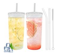 Byfoyif 2PCS Vasos Cristal con Pajita, Tazas de Vidrio de Burbuja de 650 ml, Vasos de Cristal Acanalados con 3 Pajitas y 2 Cepillos de Limpieza, Vaso con Pajita para Café, Helado, Té, Zumo y Whisky