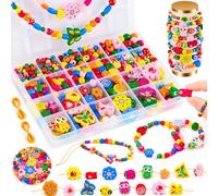 BYHANO Cuentas de madera para enhebrar para niños a partir de 4 años, perlas de colores arcoíris para enhebrar, juego de manualidades con flores, animales y cuentas de colores, incluye cuerda, para