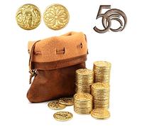 Byhoo Fantasy DND Juego de Monedas de Metal con Bolsa de Cuero, fichas de Tesoro y Accesorios Retro de Juegos de Mesa, 50 Monedas Doradas DND mágicas Brillantes para TRPG de Fiesta
