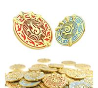 Byhoo Monedas de oro, 35 piezas, monedas de metal con garra de dragón DND con bolsa de ojo verde místico, alivio 3D de agua y fuego elemento esmaltado, tesoro de metal pesado, fichas de decisión de