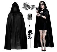 Byhsoep 5PCS Capa Negra con Capucha, Capa de Bruja, con Máscara de Encaje, Cadena de Anillo Gótica, Medias y Rosas Negras, CApa Halloween Mujer, Disfraz de vampiro para una fiesta de Halloween