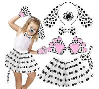 Byhsoep Juego de 7 disfraz de dálmata, juego de disfraz de animal con cintas para el pelo de dálmata, falda tutú, nariz, pajarita, cola, 2 guantes, disfraz de dálmata para niños, niñas, Halloween,