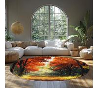 BYLEEHOMED Alfombra Circular Forest Path 150 cm Otoño Hojas de Arce Antideslizante Suave Pelo bajo alfombras Redondas para Cocina Entrada Lavandería Comedor