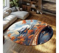 BYLEEHOMED Alfombra Redonda de Paisaje de Tinta de Puente de Estilo japonés 210 cm Diseño Original Hojas de otoño Arquitectura del Lago Alfombra Circular Antideslizante para sofá