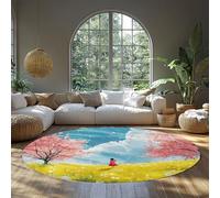 BYLEEHOMED Alfombra Spring Adventure Girl Circle Escena primaveral floreciendo Árbol Alfombra Redonda Lavable para Acceso Luminoso al Dormitorio y baño 60 cm
