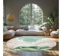 BYLEEHOMED Alfombras Redondas Lavables a máquina 150 cm Spring Peach Blossom Green Hills Print Low Pile Alfombra Circular Antideslizante para balcón de Sala de Estar