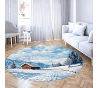 BYLEEHOMED Alfombras Redondas Suaves de montaña de Invierno Paisajes de Wonderland de 90 cm Pueblos de esquí Cabaña Escena de Nieve Alfombra Antideslizante para decoración navideña