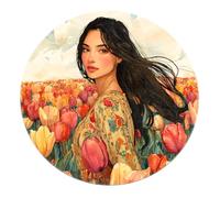 BYLEEHOMED Chica Retrato de Alfombra Redonda Vintage en un mar de Tulipanes Alfombra Grande alfombras Suave Antideslizante de Pelo bajo y Lavable para decoración del salón y Dormitorio 150 cm
