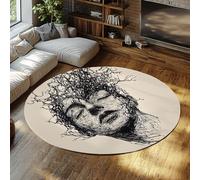 BYLEEHOMED Líneas abstractas Alfombra Redonda de Rostro Blanda y Lavable Retrato Antideslizante en Blanco y Negro círculo de un Hombre moqueta de Pelo bajo para decoración del Dormitorio 150 cm