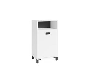 byLIVING Armario Lateral para Cuarto de baño Wellness en melamina Blanca, Tirador de Metal en Color Negro y Armario de baño con un Compartimento Abierto y una puerta/42 x 77,5 x 31 cm