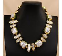 BYLSAGWHT 18'' Freshwater Cultured White Biwa Pearl Green Crystal Paved Rectangle Keshi Pearl Chokers Necklace