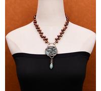 BYLSAGWHT 19'' Cultured Coffee Color Rice Pearl Necklace Green Jade Bronze Plated Snake Pendant