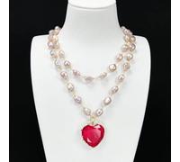 BYLSAGWHT 2 Rows Freshwater Cultured Purple Keshi Baroque Pearl Chain Necklace Red Quartz Crystal Heart Pendant Lady Gifts