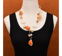 BYLSAGWHT 22" Cultured White Pearl Gold Plated Edge Orange Rough Nugget Brown Glass Necklace Pendant