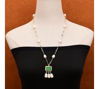 BYLSAGWHT 25'' Cultured White Rice Pearl Green Crystal Chain Necklace Gold Plated Green Quartz Stone Sea Shell Carved Pendant