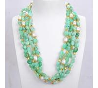 BYLSAGWHT 4 Rows Green Chrysoprase Freeform Cultured White Rice Pearl Necklace Ethnic Style For Women